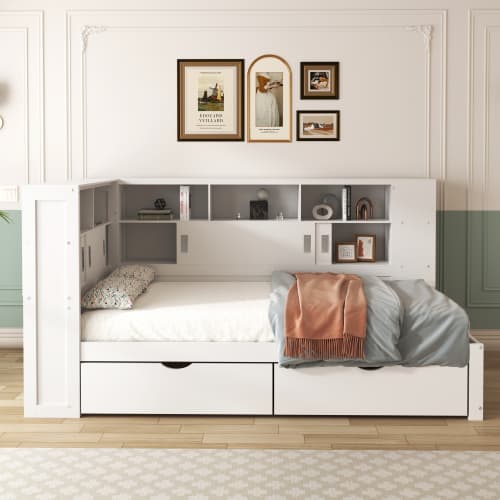 White Single Cabin Bed with Trundle, Storage and USB Ports - image 12