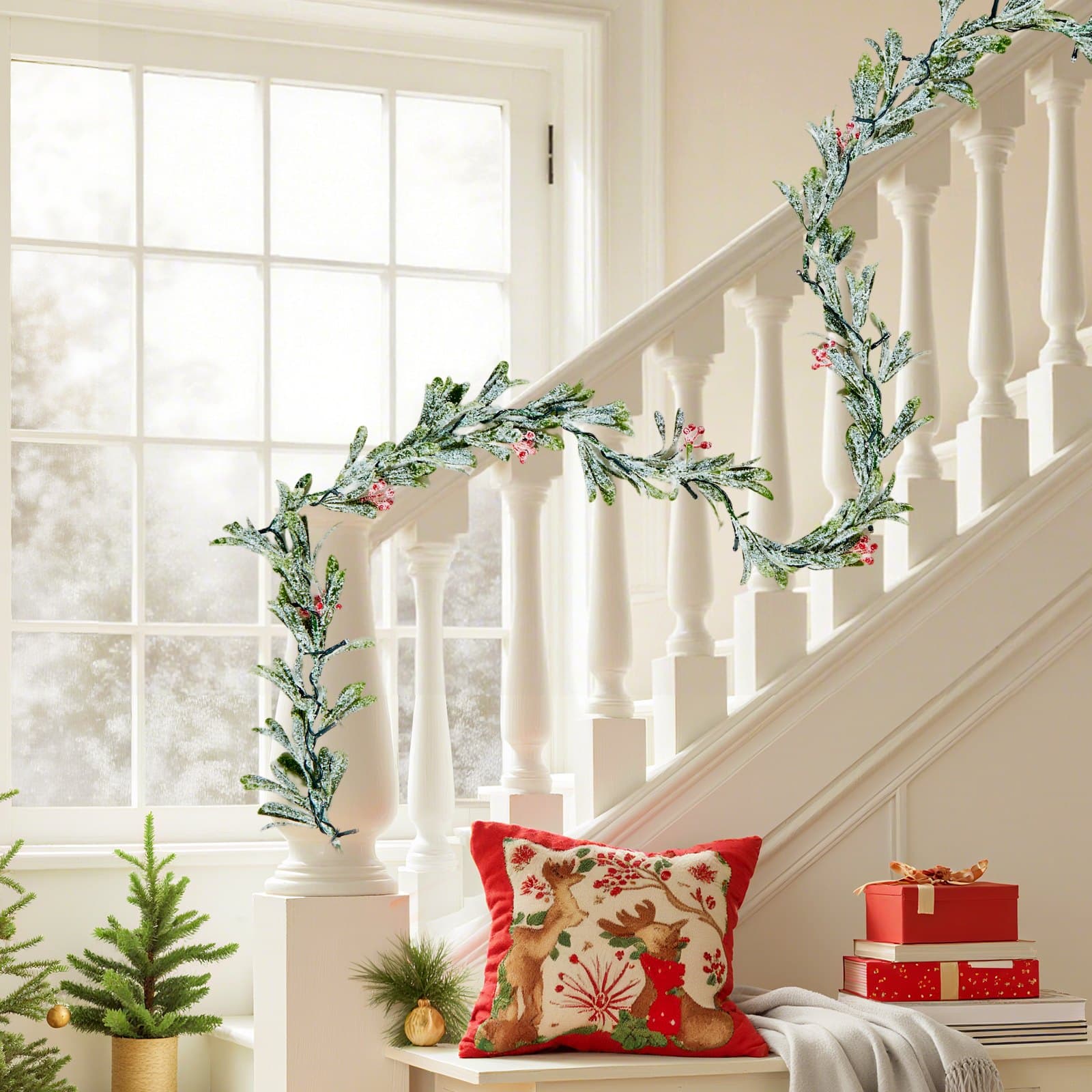 Pre-Lit 9ft Christmas Garland with Olive Leaves & Red Berries - image 9