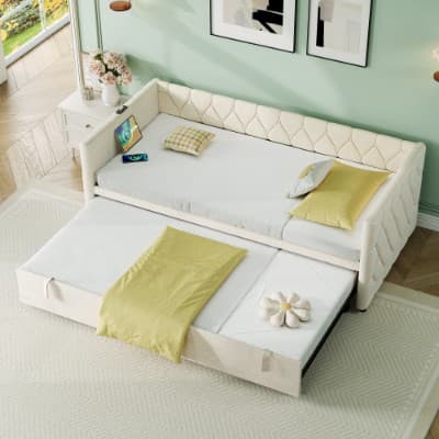 Button-Tufted Day Bed with Pull-Out Trundle and Charging Station - image 13