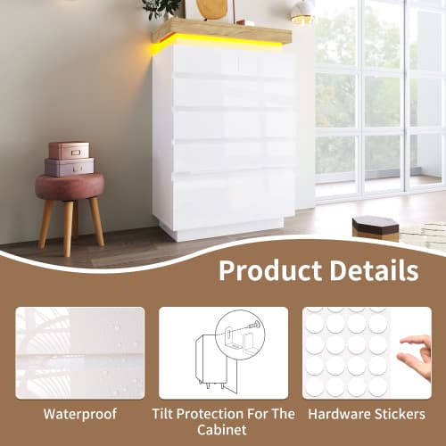 Modern White High Gloss Chest of 6 Drawers with LED Lighting - image 6