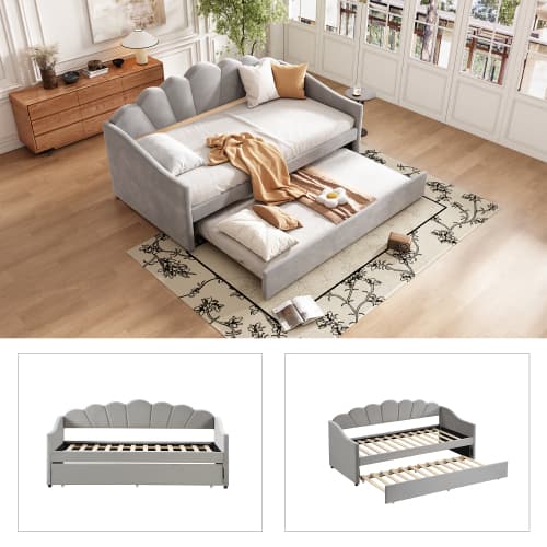 Upholstered 3ft Single Day Bed with Pull-Out Trundle in Grey Velvet - image 23