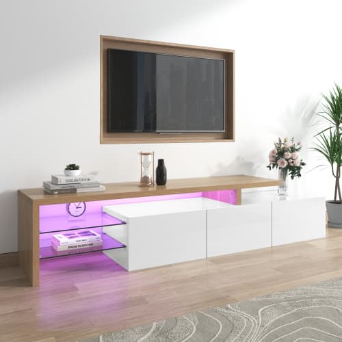 Contemporary TV Stand with LED Lighting, High Gloss White & Wood Effect - image 3