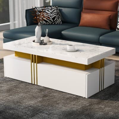 Modern White Coffee Table with Marble Effect Top and 2 Drawers - image 13