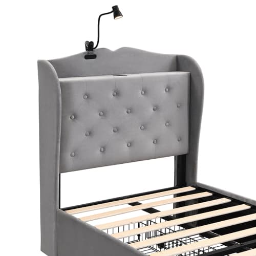Grey Velvet Single Bed with Smart Storage & USB Charging - image 13