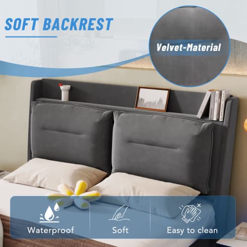 Velvet Upholstered Double Ottoman Bed with Smart Storage & LED - image 19