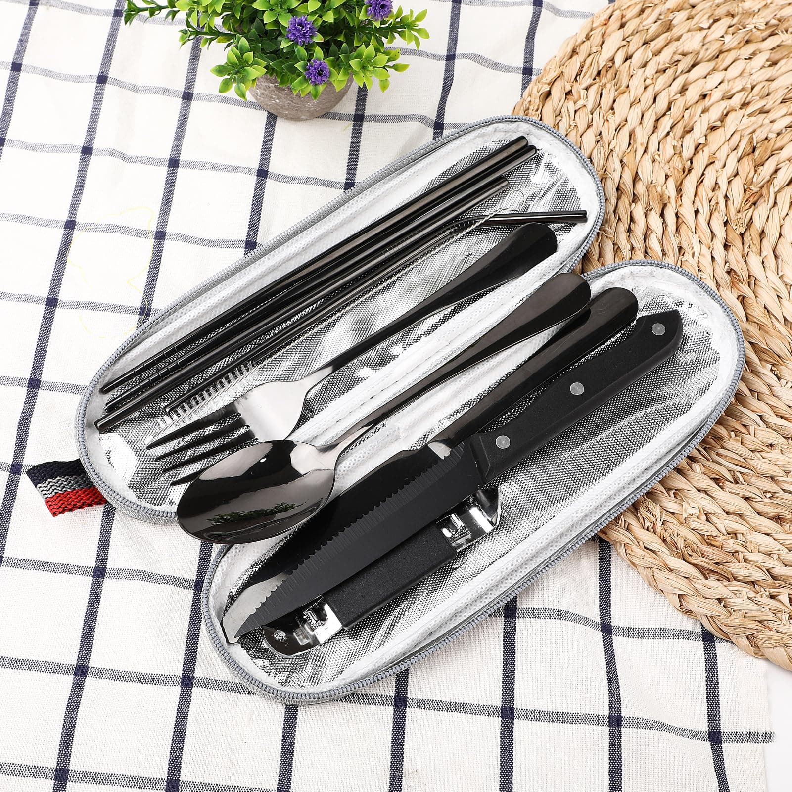 9-Piece Camping Cutlery Set in Black Stainless Steel with Felt Case - image 11
