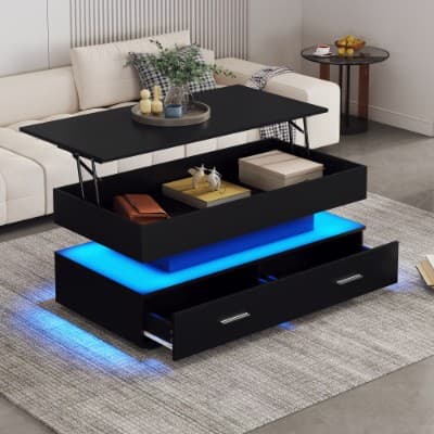 Modern Black Lift Top Coffee Table with LED Lighting & 2 Drawers - Black