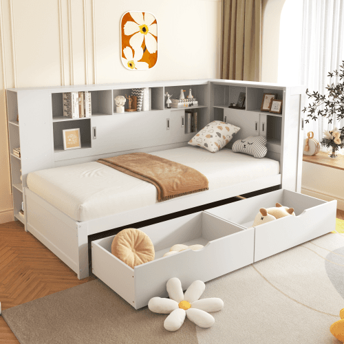 White Single Cabin Bed with Trundle, Storage and USB Ports - image 2