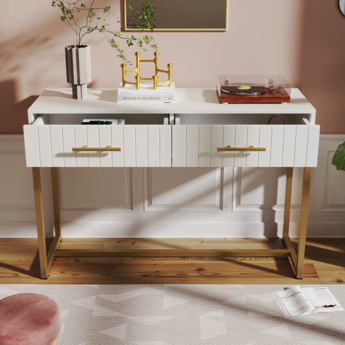 White Dressing Table with Ribbed Front & Gold Details - image 11