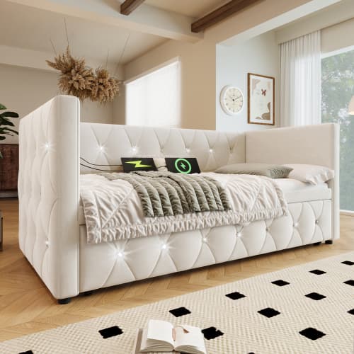 Upholstered Single Day Bed with Pull-Out Trundle and USB Charging - image 12