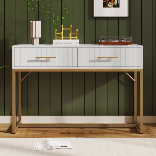 White Dressing Table with Ribbed Front & Gold Details - image 6