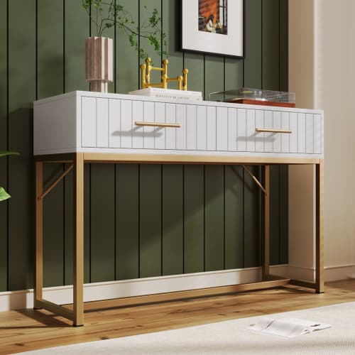 White Dressing Table with Ribbed Front & Gold Details - image 7