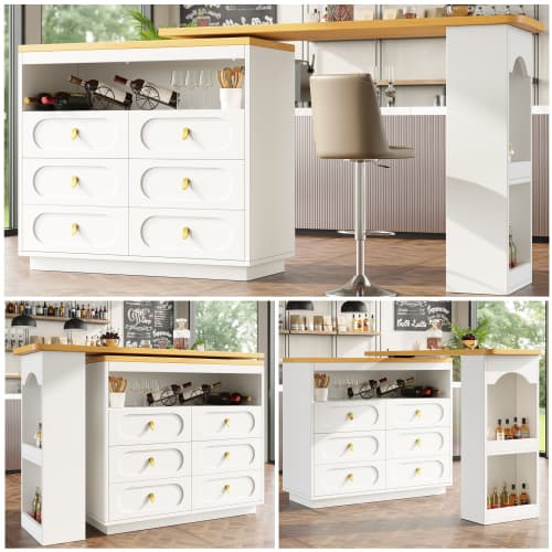 Rotating & Extending Bar Table with 6 Drawers, White