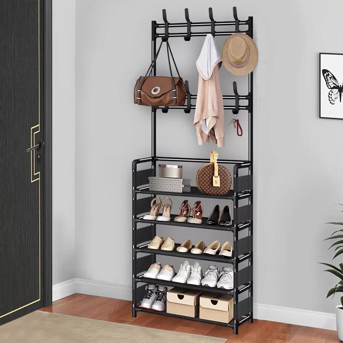 Metal Coat Stand with Shoe Rack — Multi-Hook Hallway Organiser - image 11