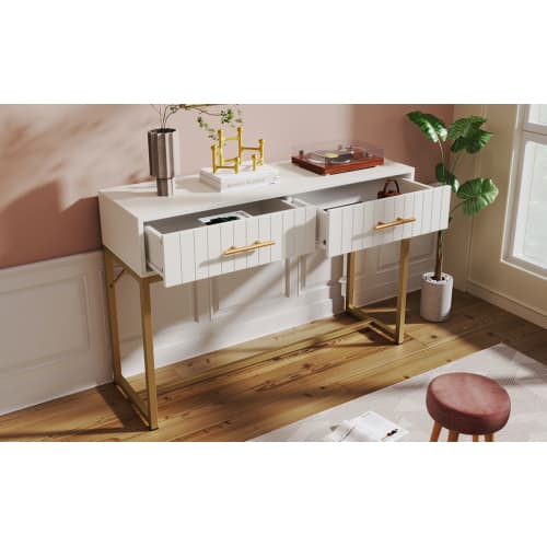 White Dressing Table with Ribbed Front & Gold Details - image 16