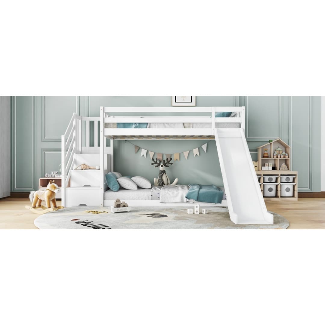 Solid Pine Bunk Bed with Slide and Storage Staircase, White Finish - image 1