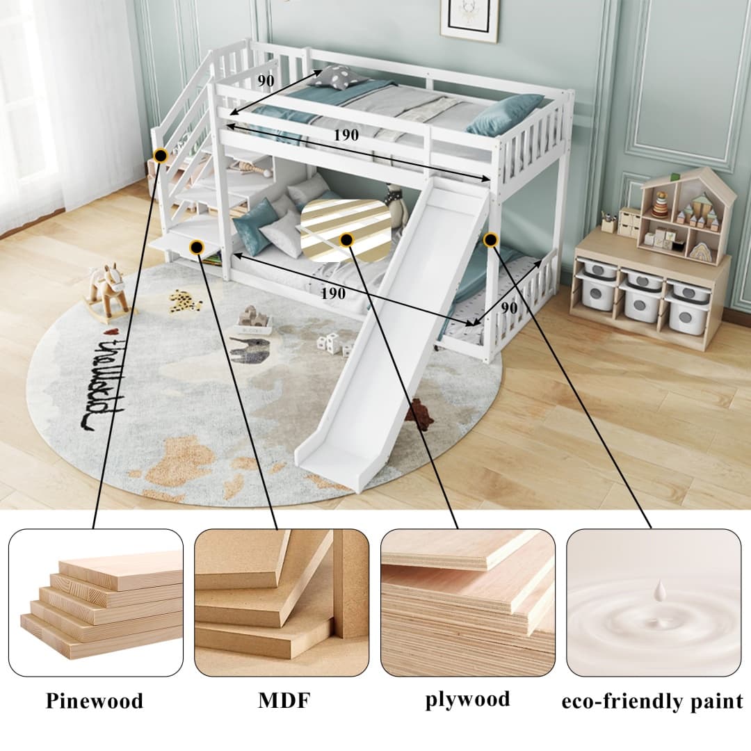 Solid Pine Bunk Bed with Slide and Storage Staircase, White Finish - image 20