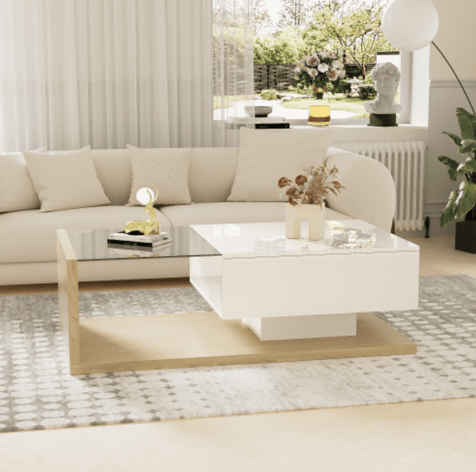 Modern Coffee Table with LED Lights, White High Gloss & Wood Finish - image 6