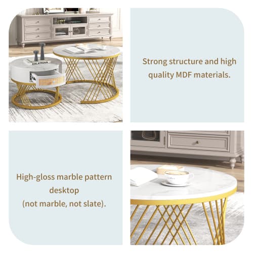 Set of 2 Round Nesting Coffee Tables with Gold Legs & Storage - image 26