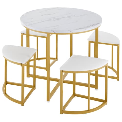 Modern Round Dining Set with Marble Effect Top & 4 Stools - image 3