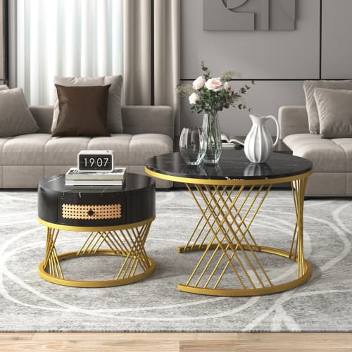 Set of 2 Round Nesting Coffee Tables with Gold Legs & Storage - BlackGold
