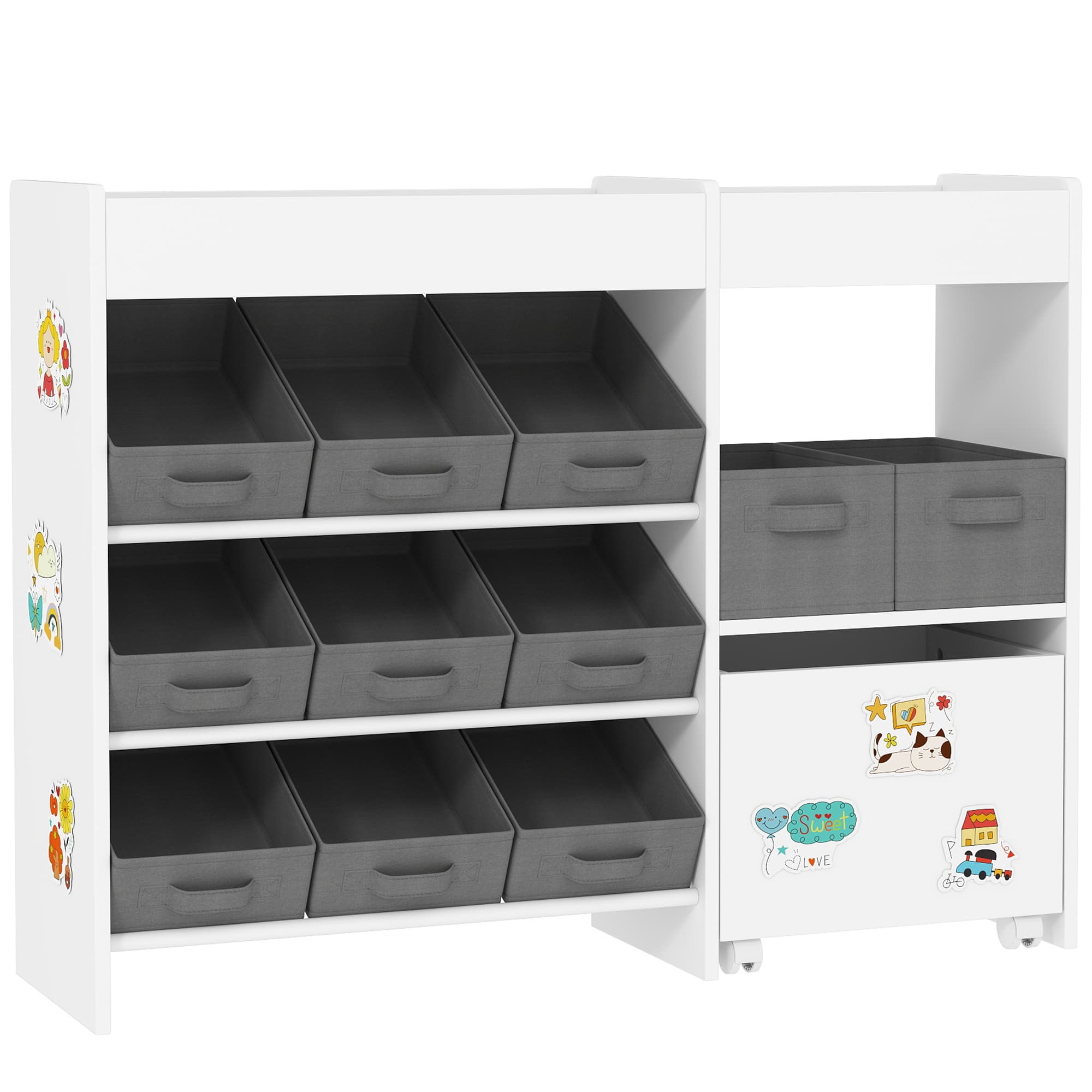 White Toy Storage Unit — 11 Fabric Bins, Top Shelves and Cabinet