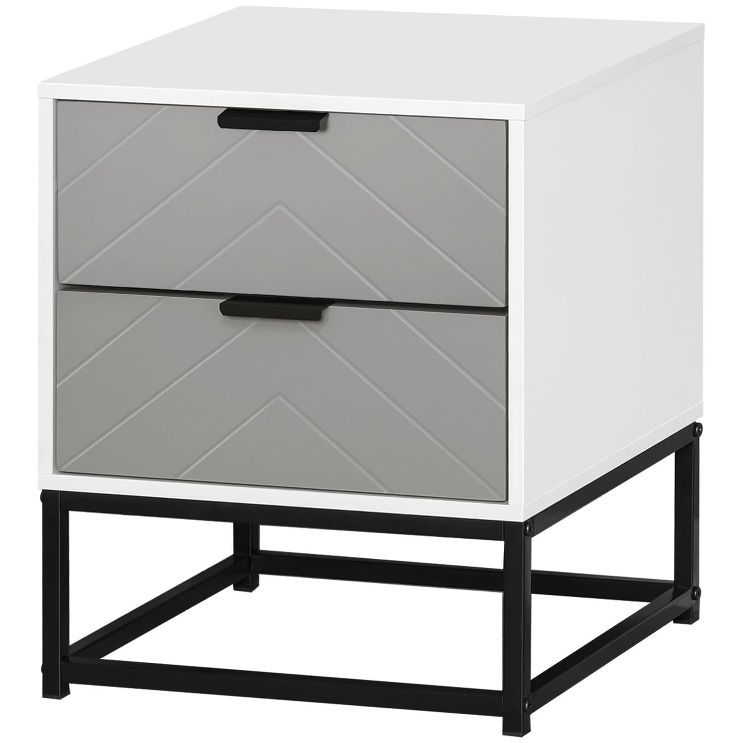 Two-Drawer Bedside Cabinet in Grey, White and Black Metal