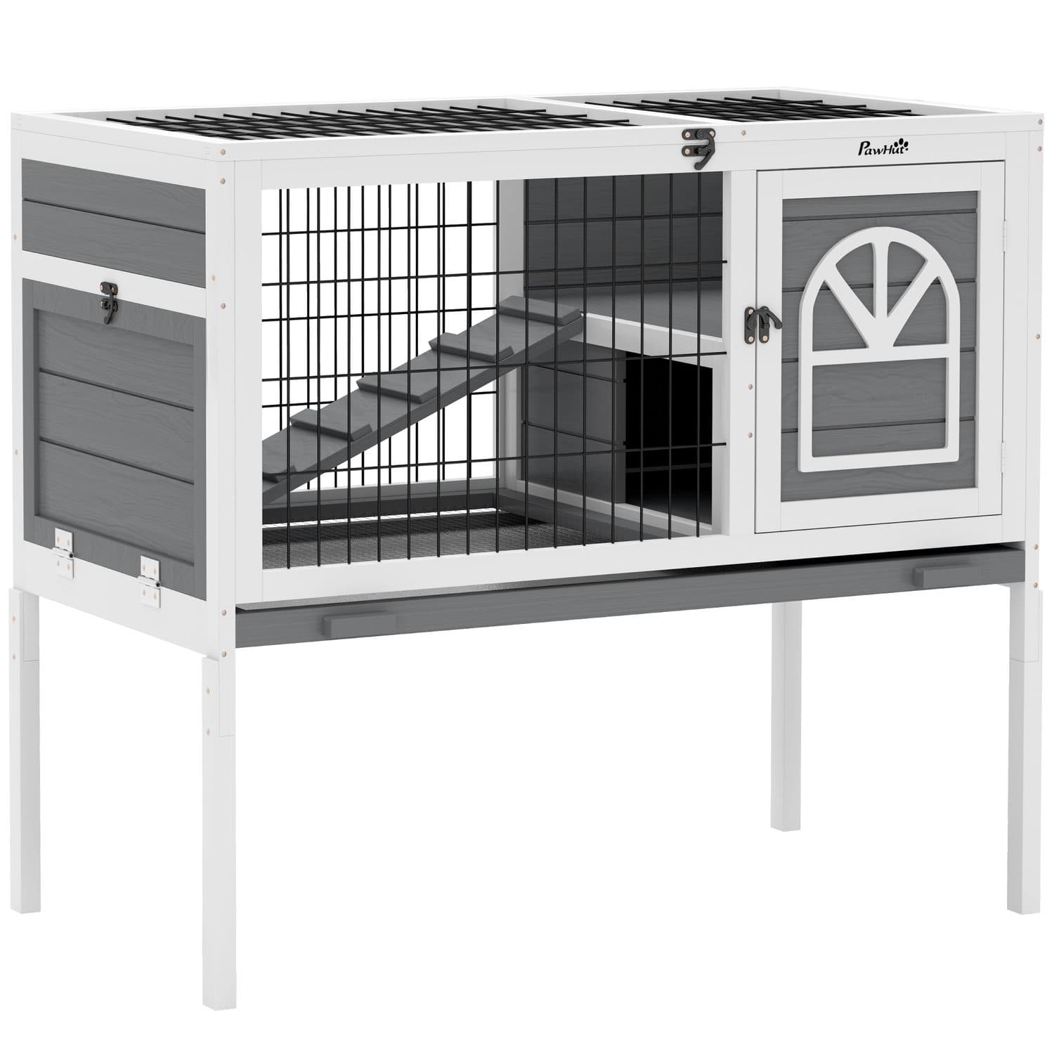 PawHut Wooden Rabbit Hutch with Run and Openable Roof