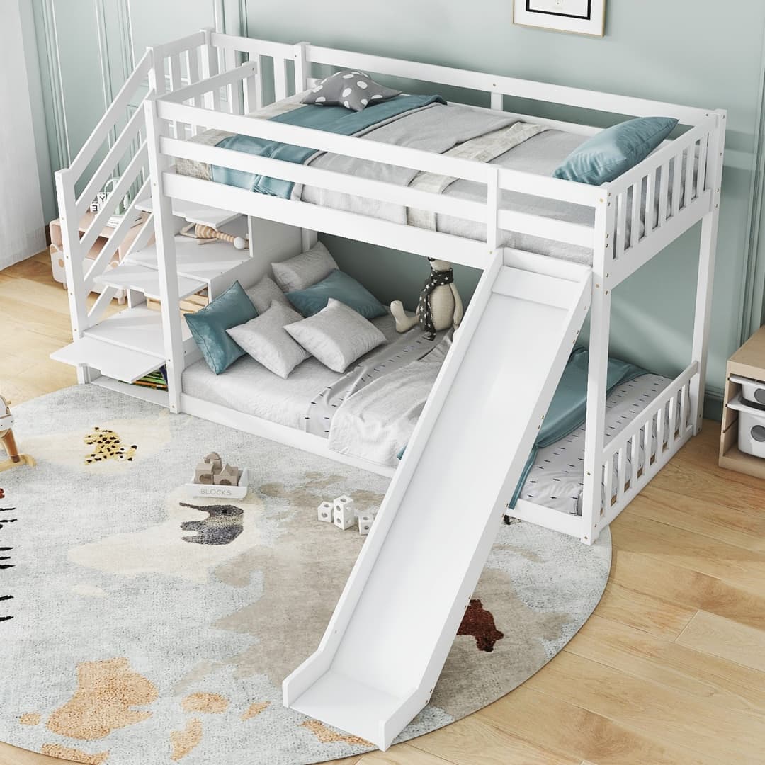 Solid Pine Bunk Bed with Slide and Storage Staircase, White Finish - image 4