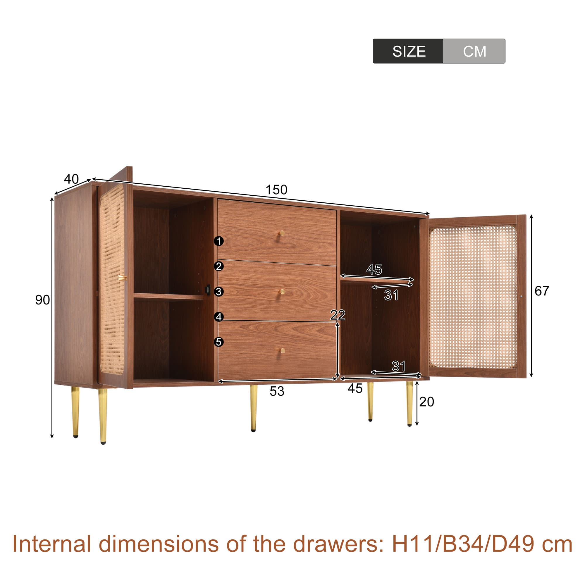 Walnut & Rattan Sideboard with Gold-Tone Handles - image 5