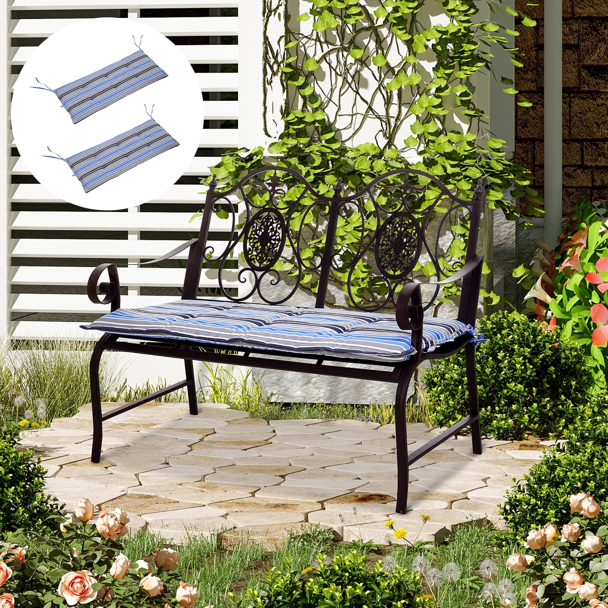 Two Striped Garden Bench Cushions That Tie Securely and Wash Easily - image 2