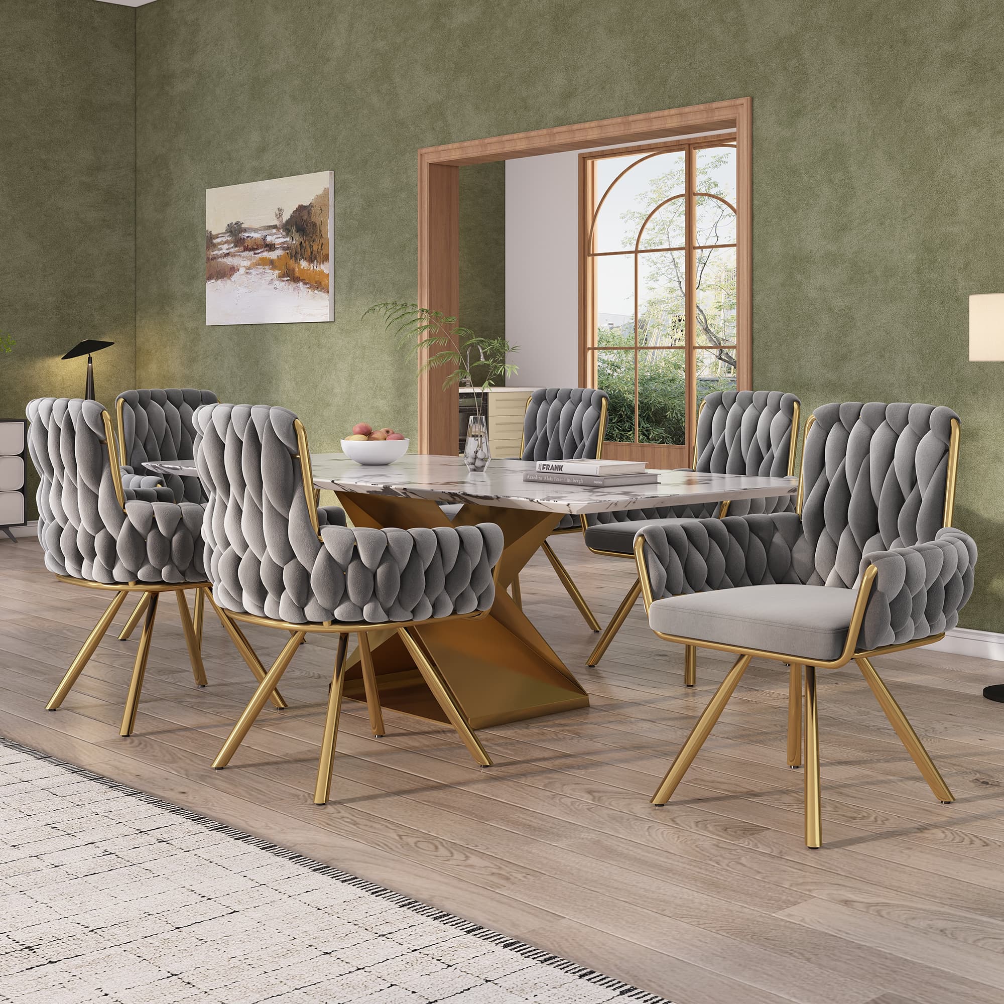 Set of 6 Swivel Dining Chairs in Grey Velvet