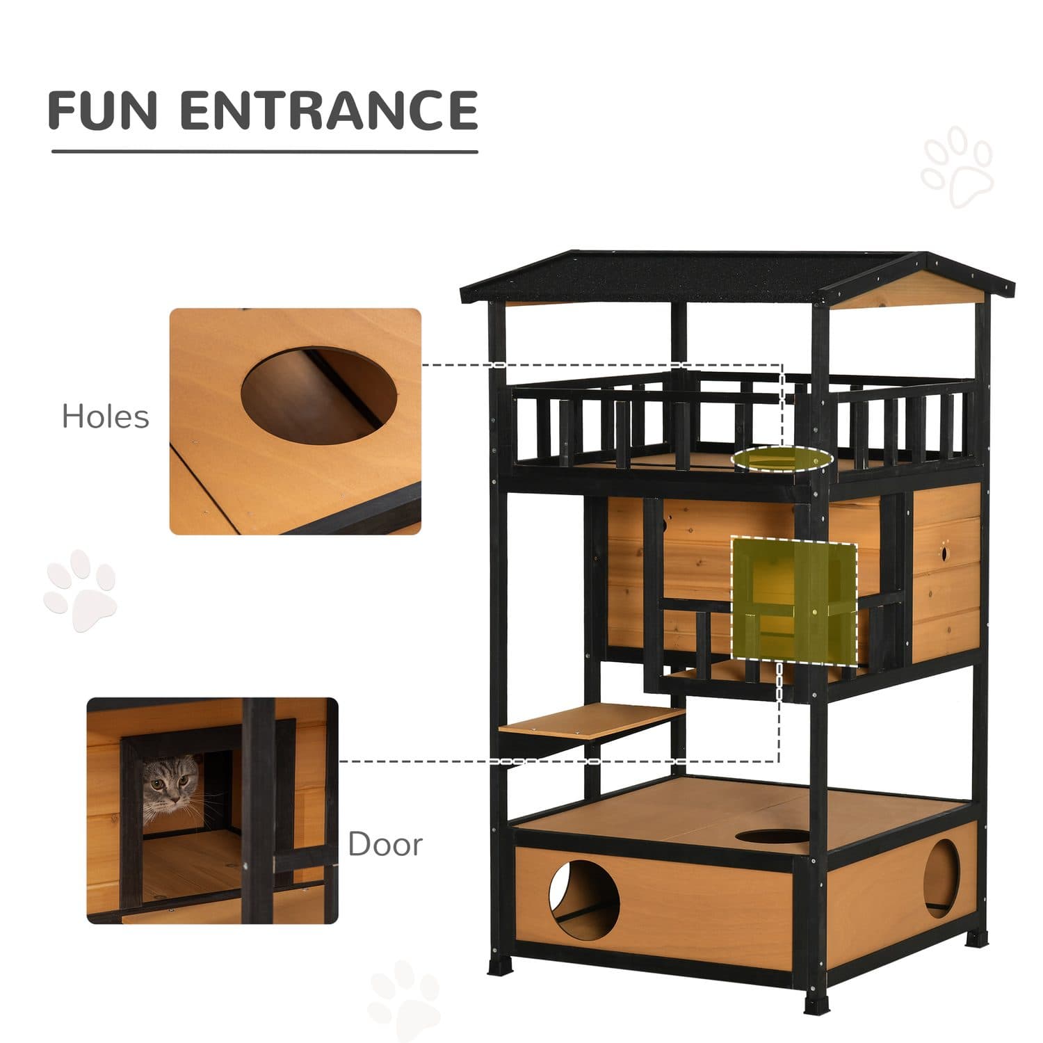 PawHut 3-Tier Wooden Outdoor Cat House with Terrace and Jump Step - image 4