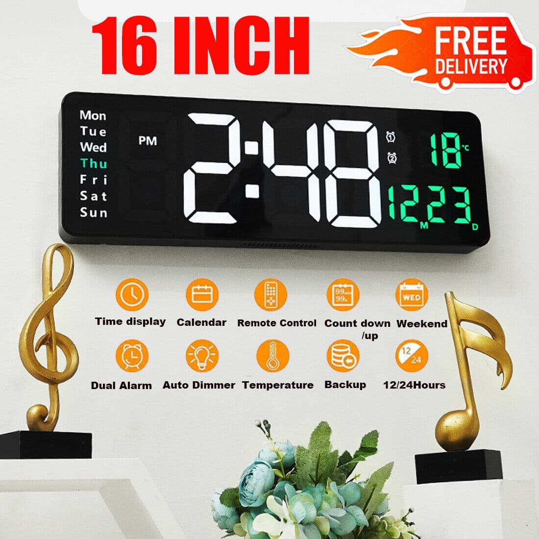 Large LED Wall Clock with Calendar and Auto Dimmer - image 3