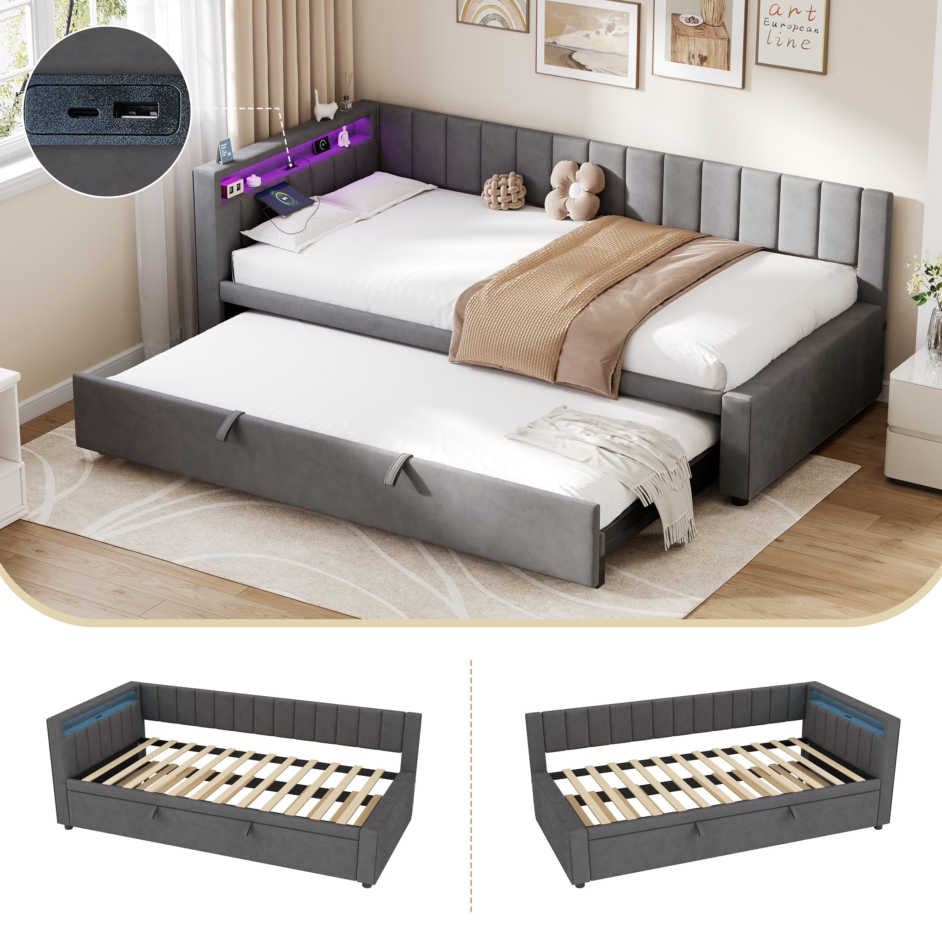 Velvet Daybed with Trundle, Lights & USB Port - image 1