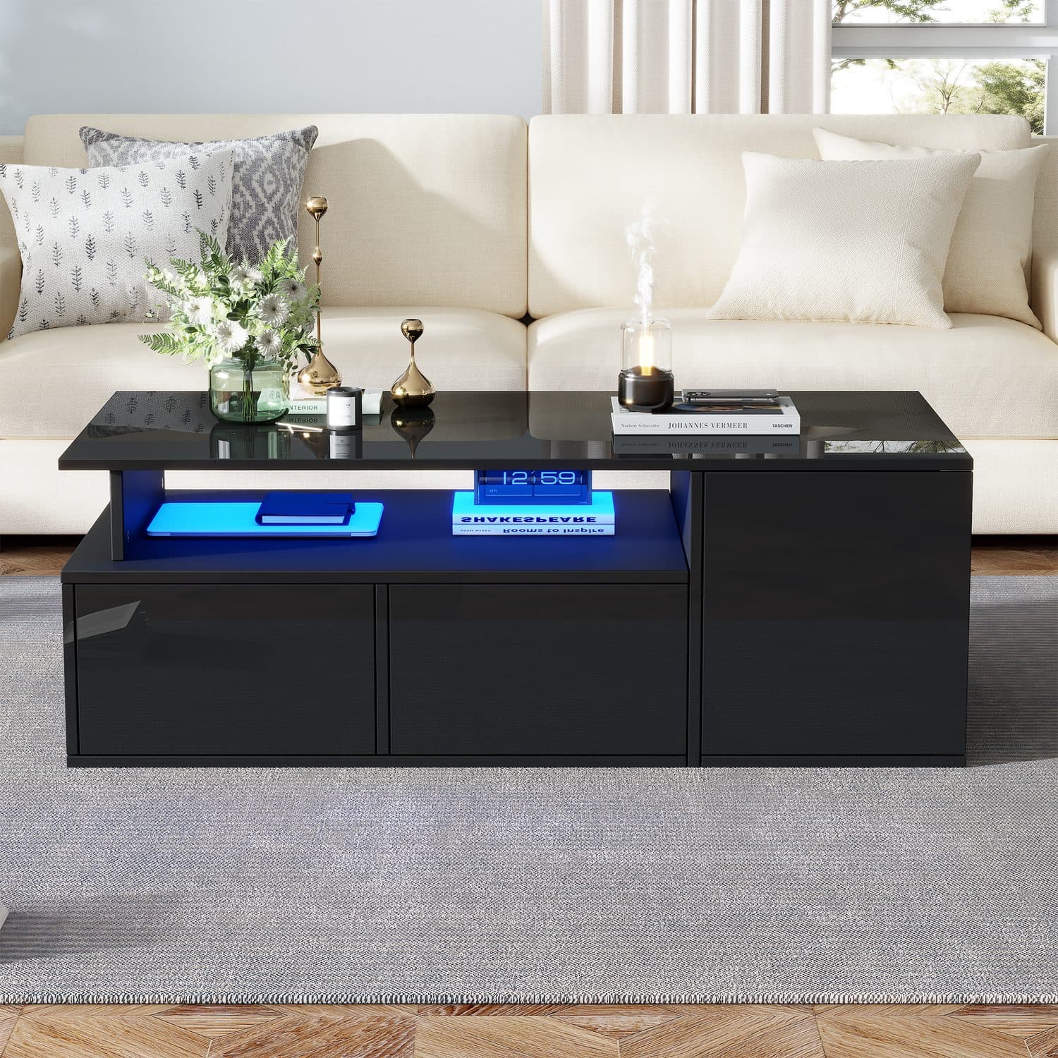 A glossy black coffee table with LED-lit storage - image 4