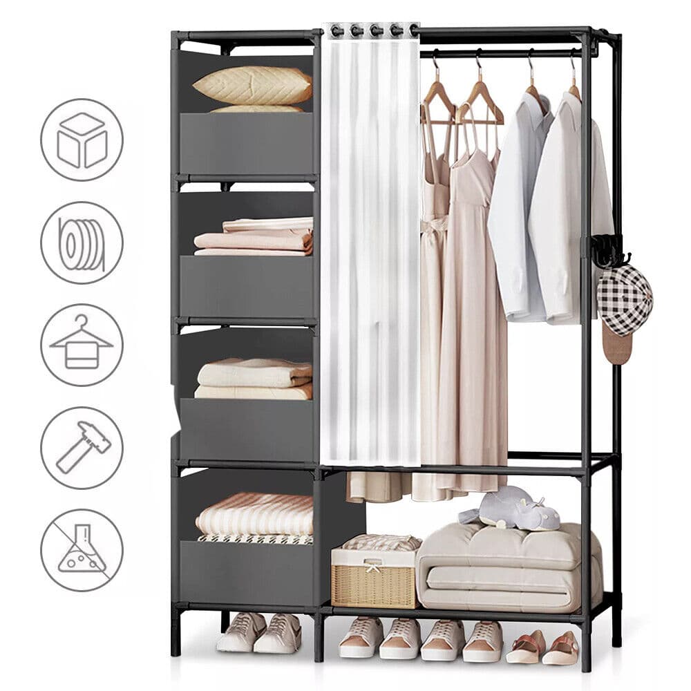 Freestanding Metal Wardrobe with Fabric Shelves and Curtain Rail - image 8