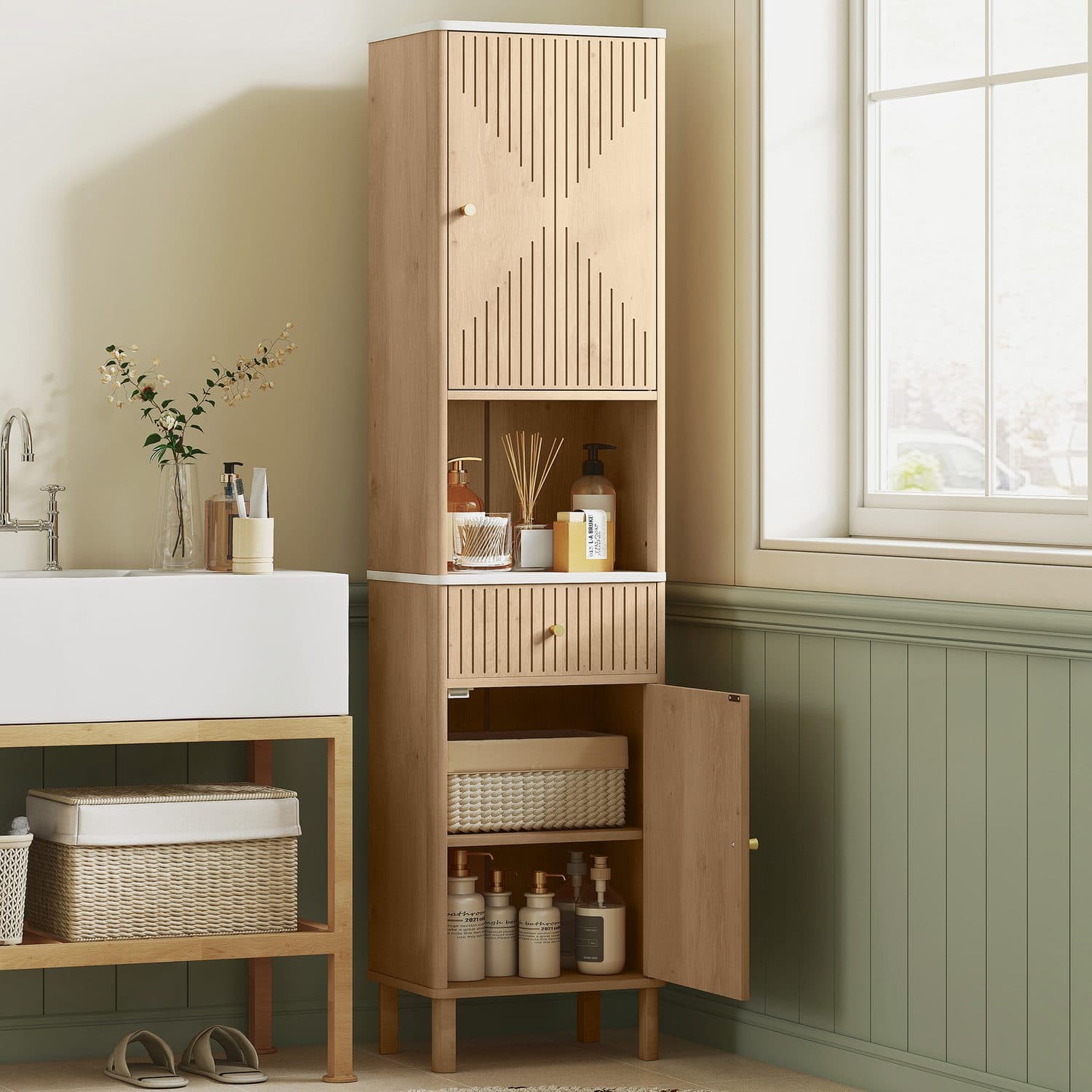 Tall Slim Bathroom Cabinet with Drawer and Open Shelf - image 4