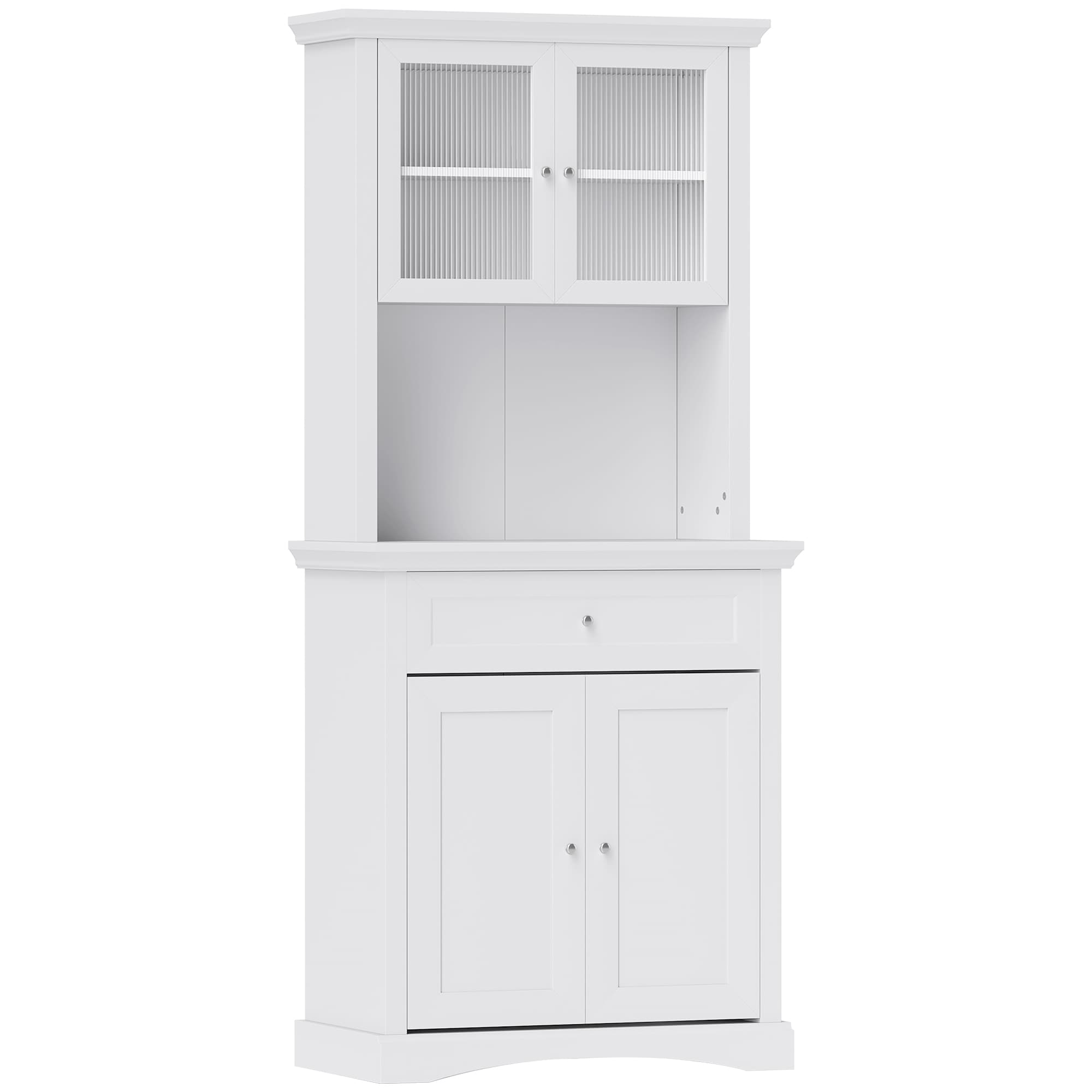 Freestanding White Kitchen Cabinet with Glass Display Doors