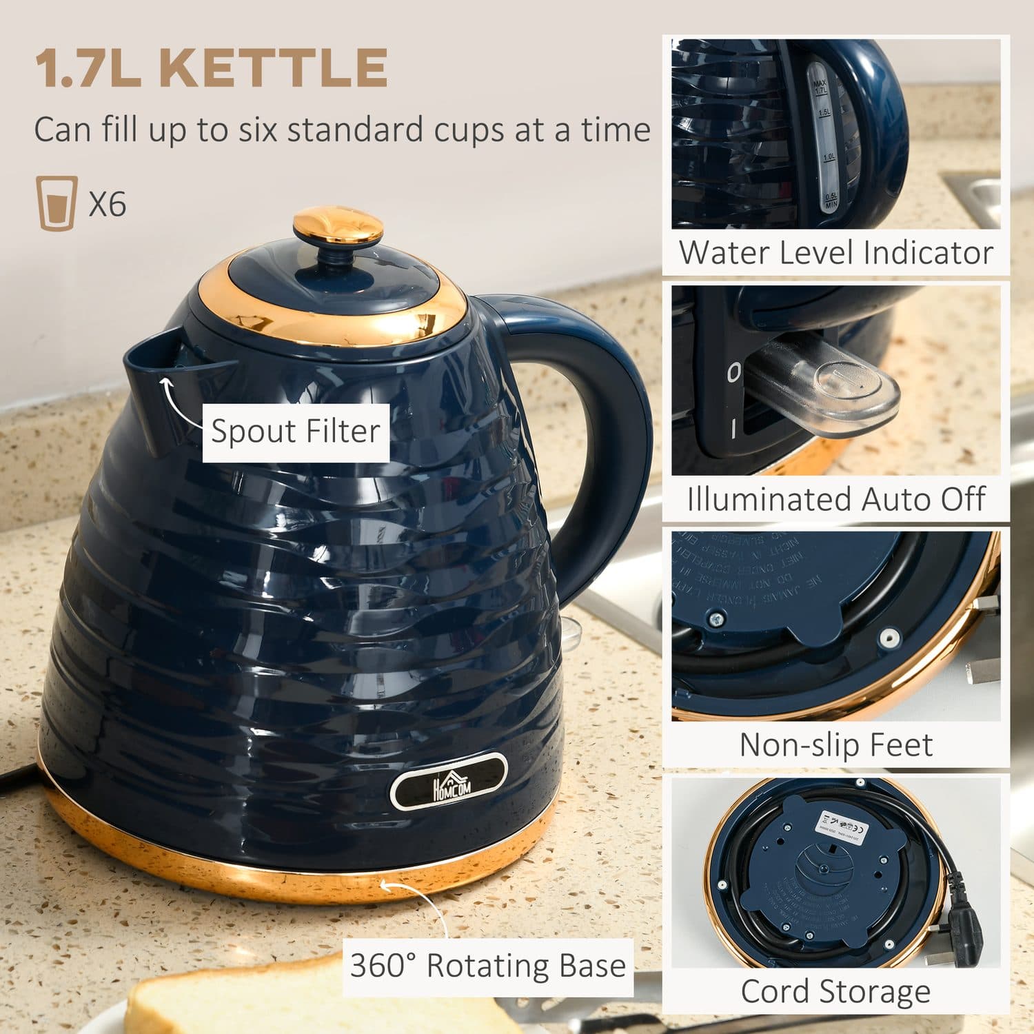 Matching Kettle and Toaster Set in Navy Blue with Gold Accents - image 2