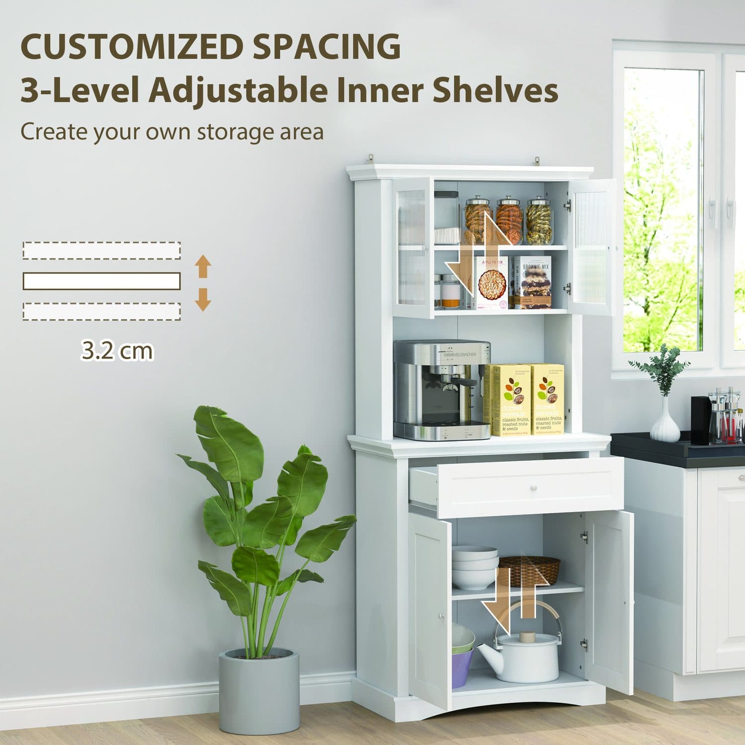 Freestanding White Kitchen Cabinet with Glass Display Doors - image 5