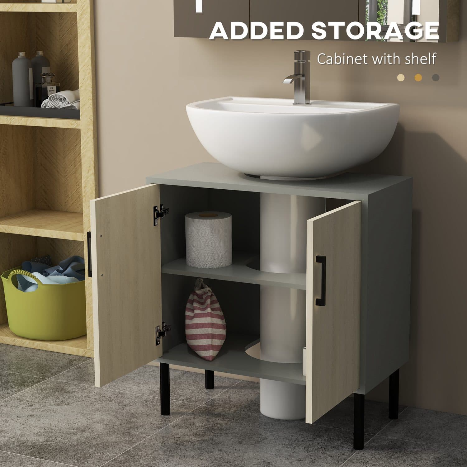 Grey and oak under sink cabinet for bathroom storage - image 5