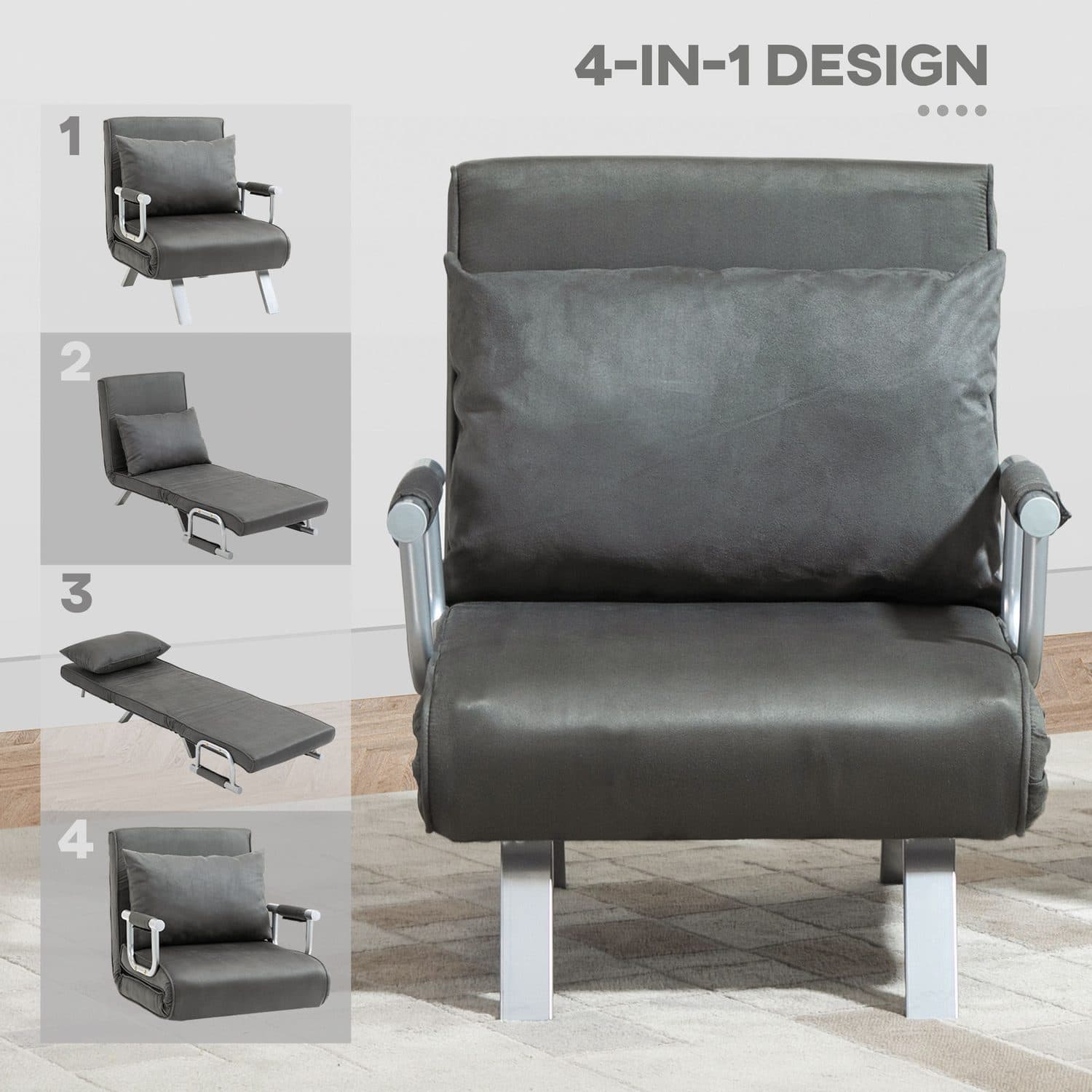 4-in-1 Grey Faux Suede Chair Bed - image 1