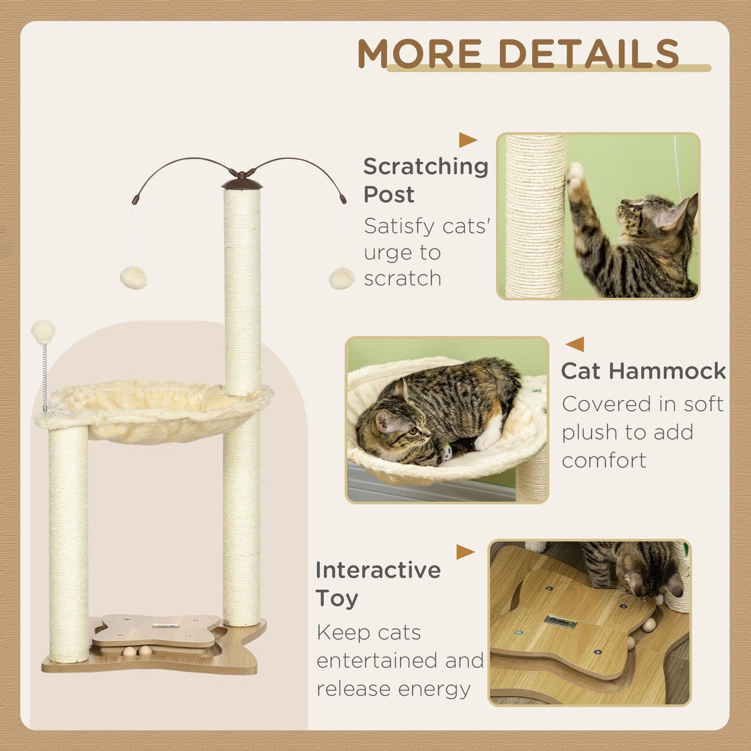 Beige Cat Tree with Cosy Hammock and Play Balls - image 2
