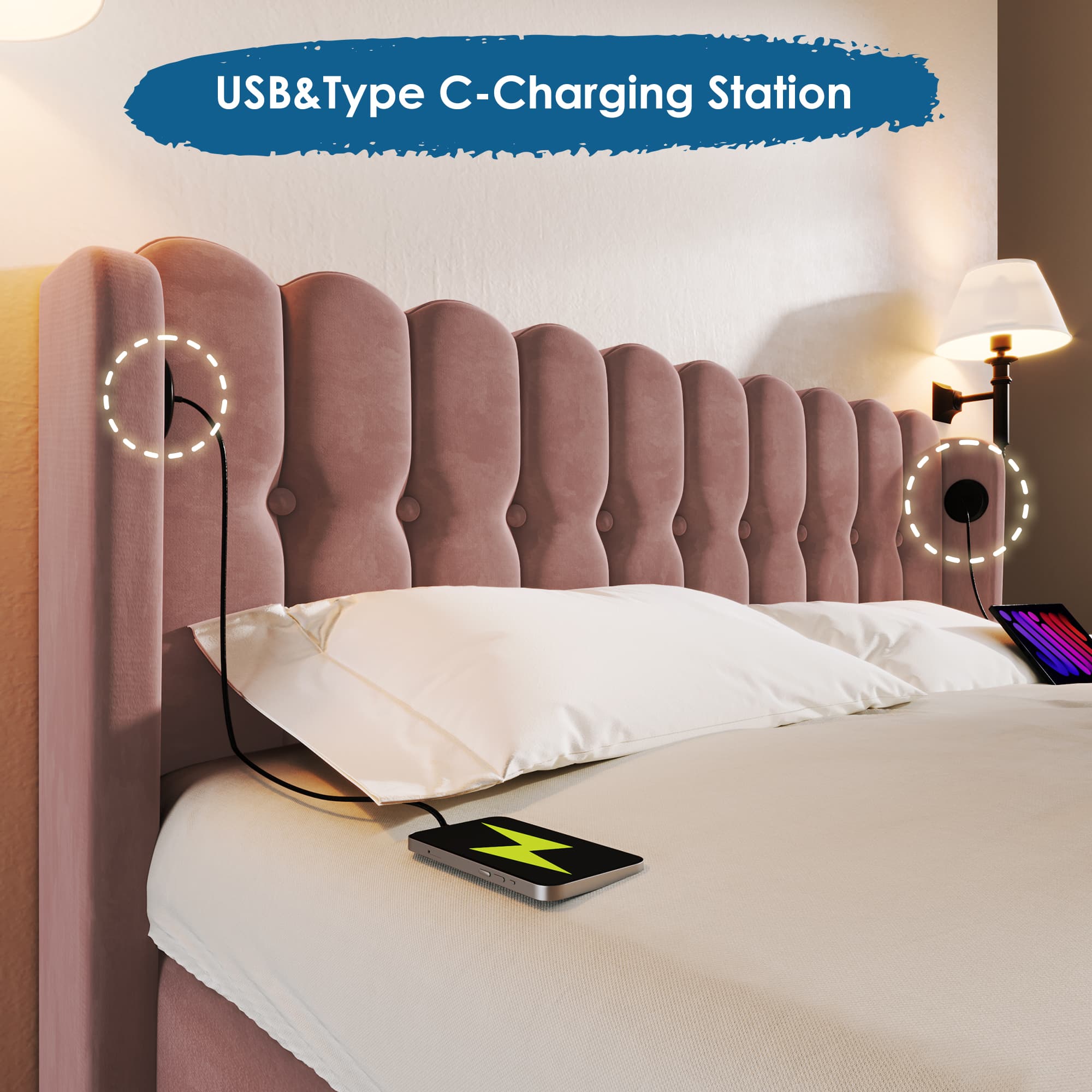 Pink Velvet Double Bed with Built-In USB & Type-C Ports - image 4