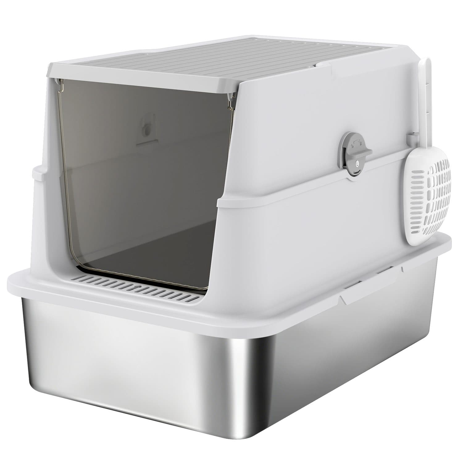 Enclosed Cat Litter Box With Stainless Steel Base and Front Door