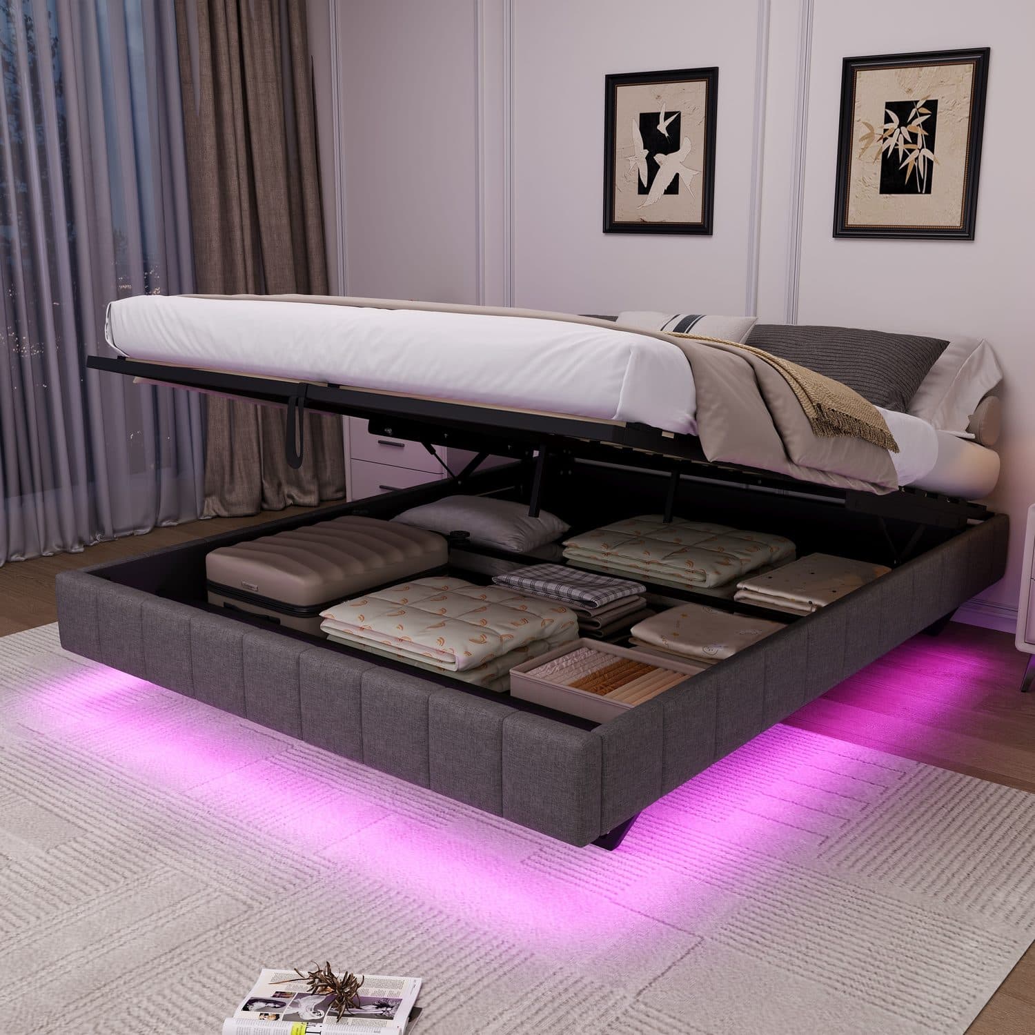 Grey Linen Double Floating Bed with Smart LED Lights - image 1