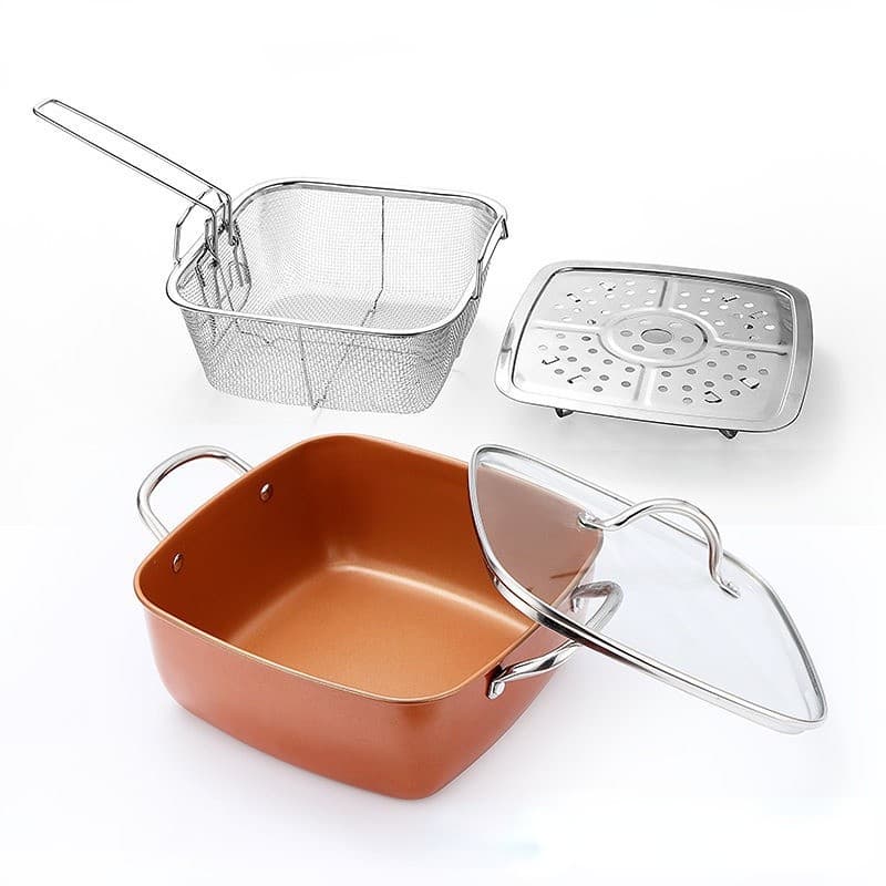 Square Copper Chip Pan with Frying Basket, Steamer Rack and Lid - Default