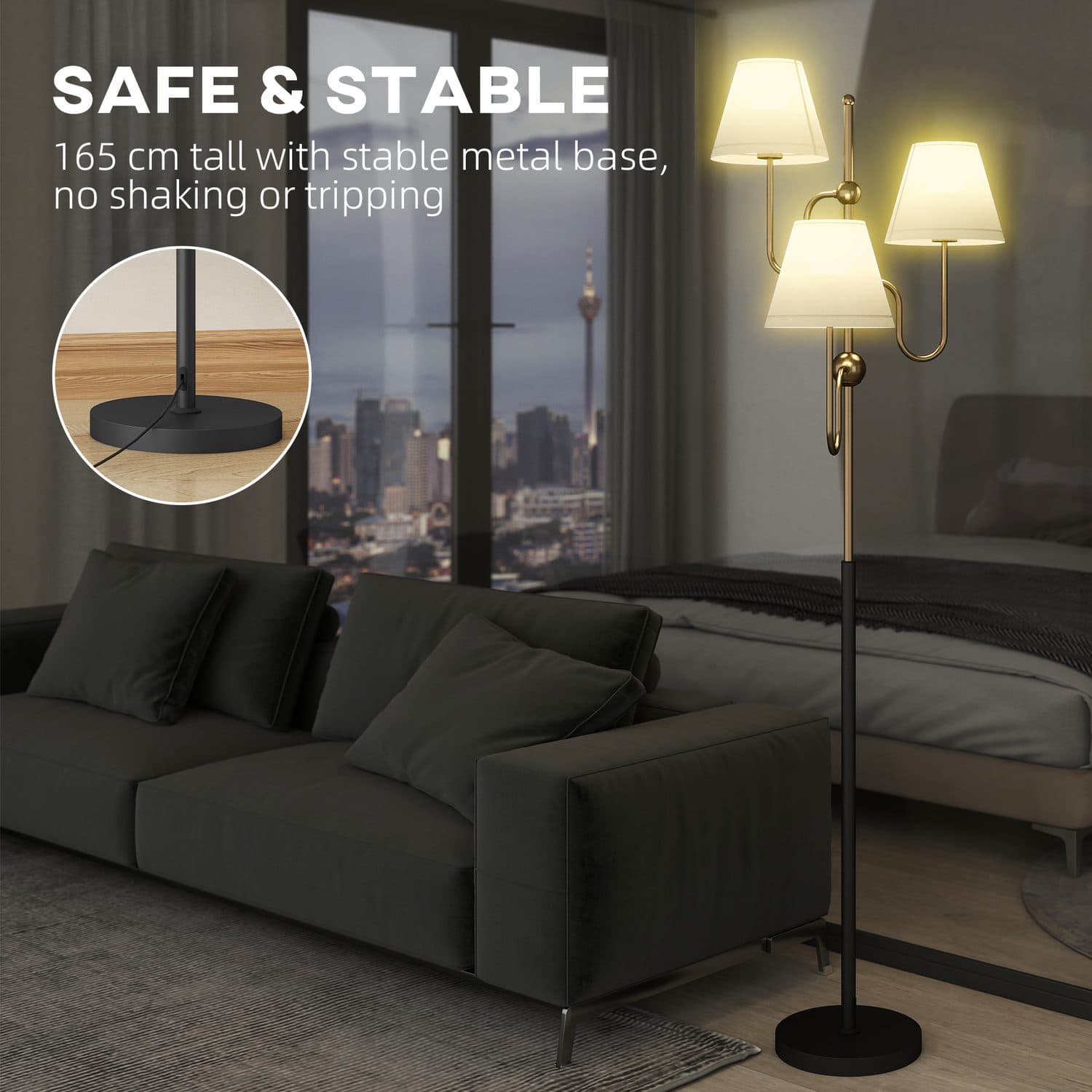 3-Arm Standing Floor Lamp with Antique Brass Finish - image 3