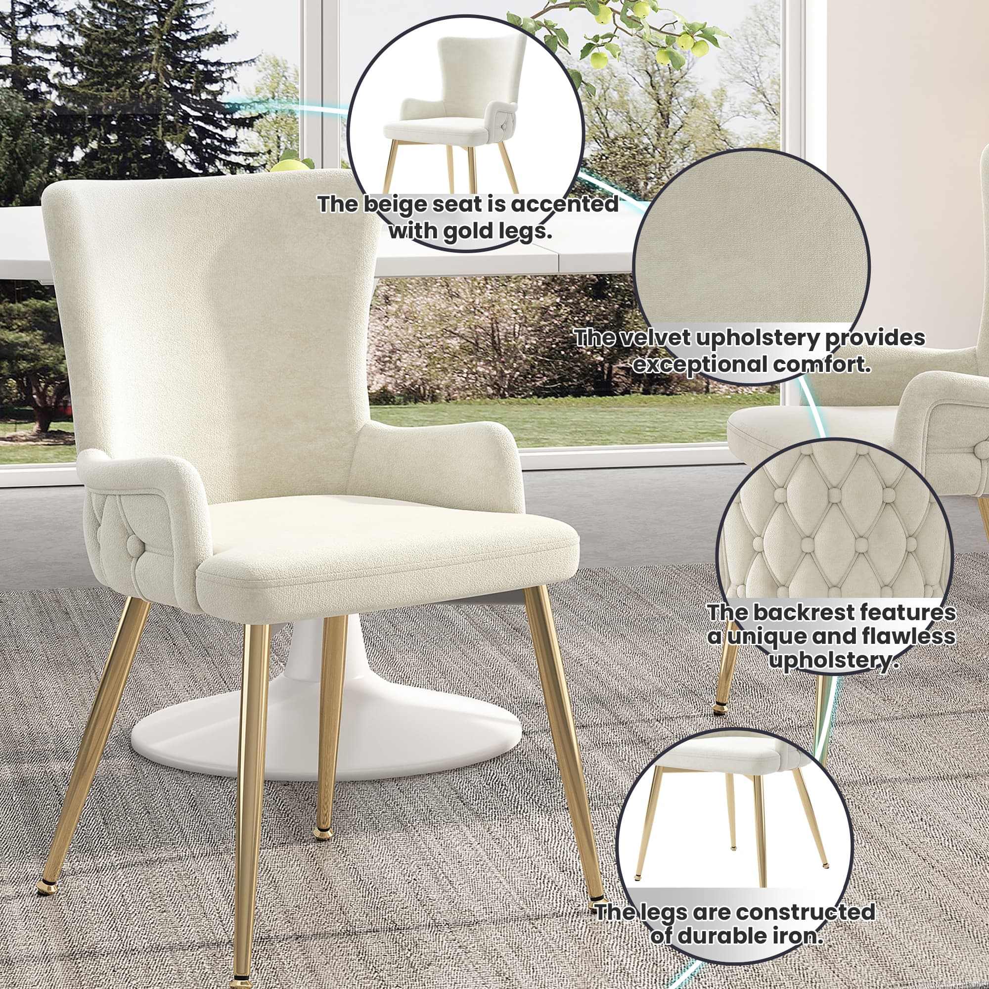 Modern Beige Velvet Chairs with Gold Legs (Set of 2) - image 5